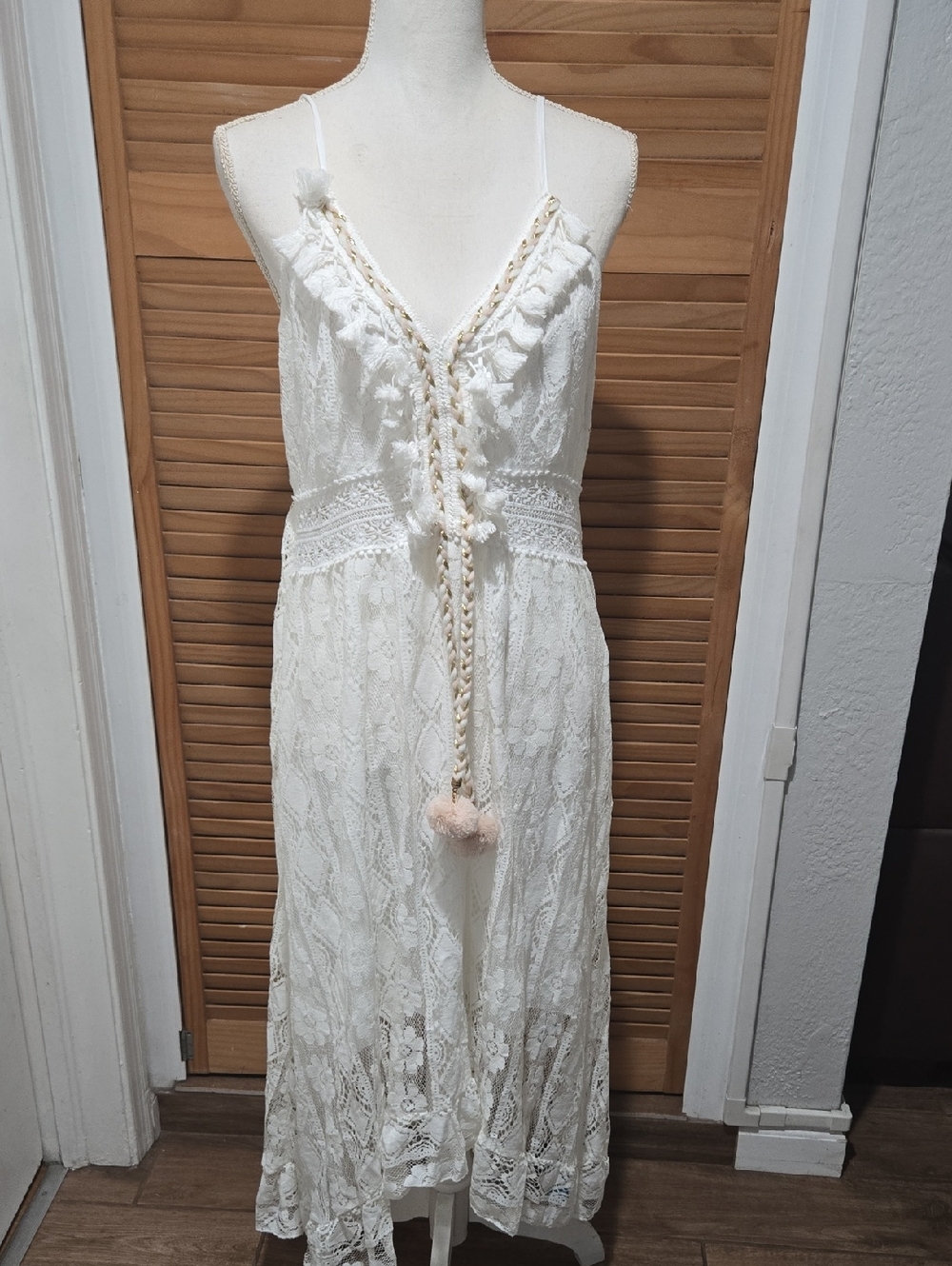 Cupshe Cream Lace Midi Dress with Pom Tassel